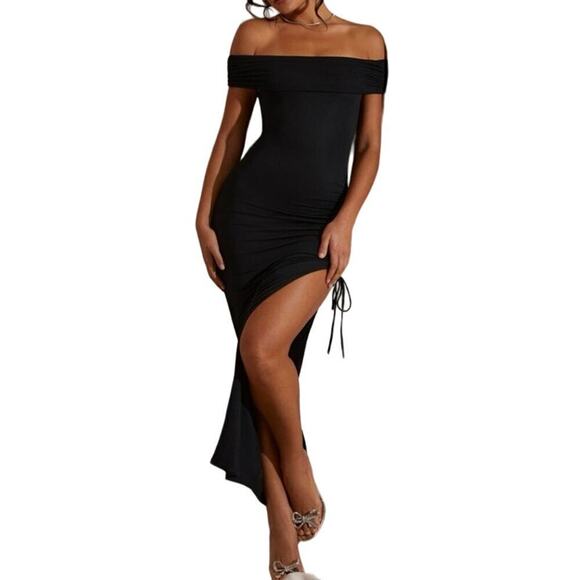 OH POLLY Solange Off The Shoulder High-Slit Maxi Dress Black Side Ruching Sz 10 - Picture 1 of 5